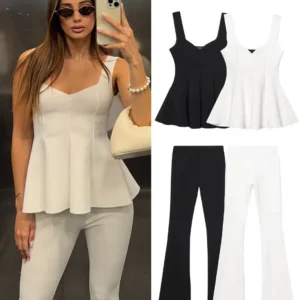 HH Women 2 Piece Set Chic Hem Folds Solid Sleeveless Wide Shoulder Strap Top+Fashion High Waist Elasticity Flare Trousers