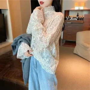 Lace Shirt for Women New Spring and Autumn Mesh Shirts Lace-Collared Blouse Long Sleeve Bottoming Shirt
